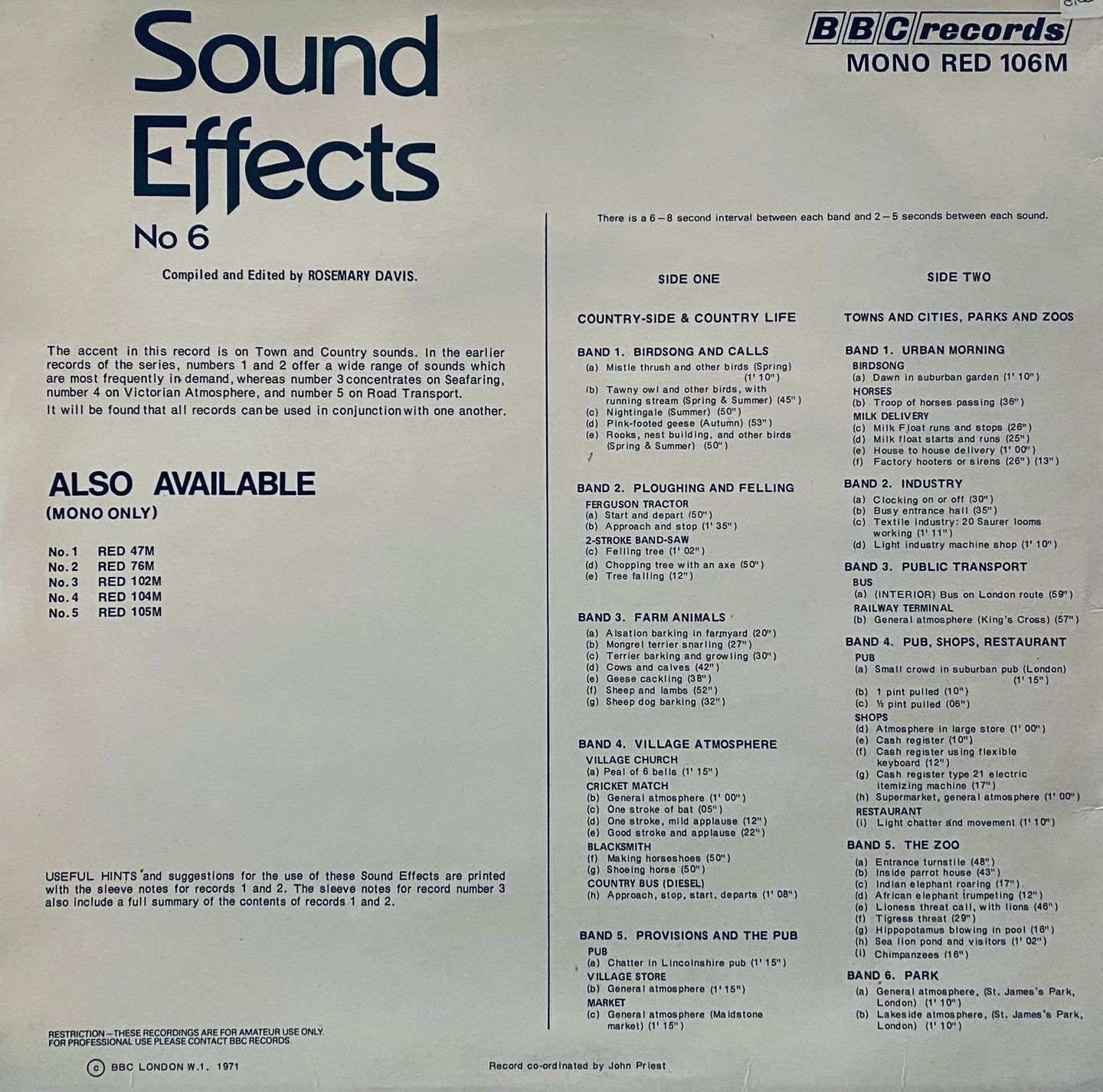 No Artist - Sound Effects No. 6 | BBC Records (RED 106M) - 2
