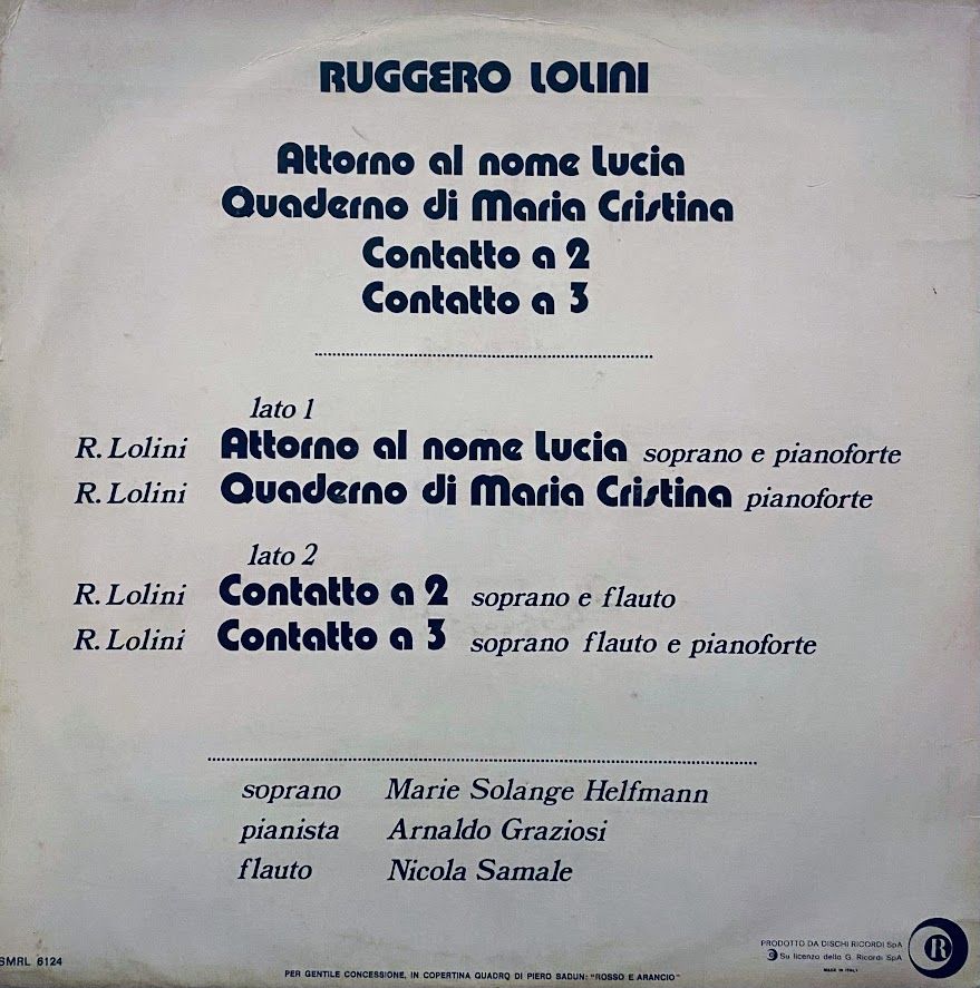 Ruggero Lolini - Attorno Al Nome Lucia | Ricordi (SMRL 6124) - 2