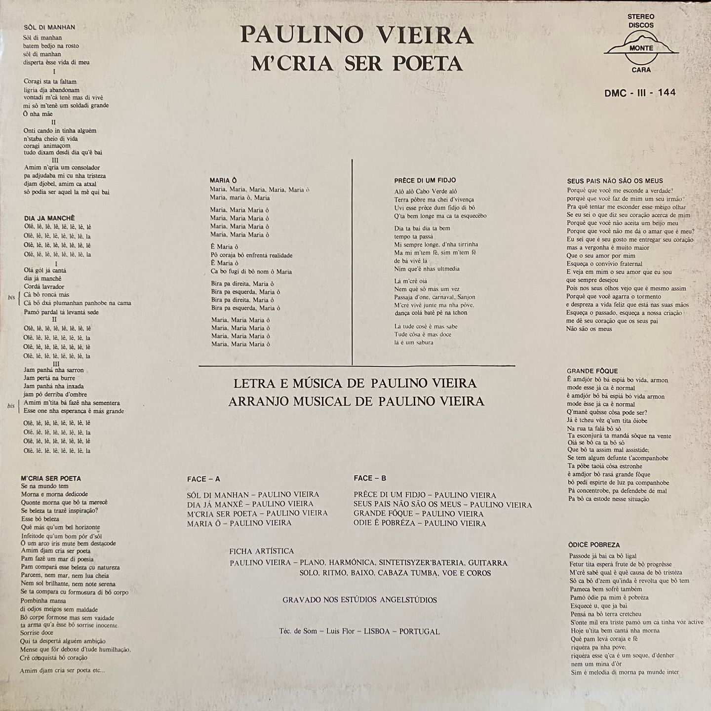 Paulino Vieira - M'Cria Ser Poeta | Discos Monte Cara (DMC 111-144) - 2
