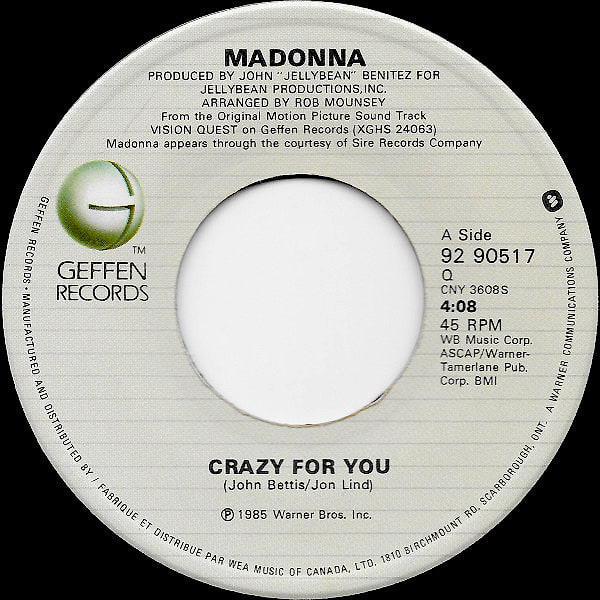 Madonna - Crazy For You (7") [Vinyl] | Geffen Records (92 90517)