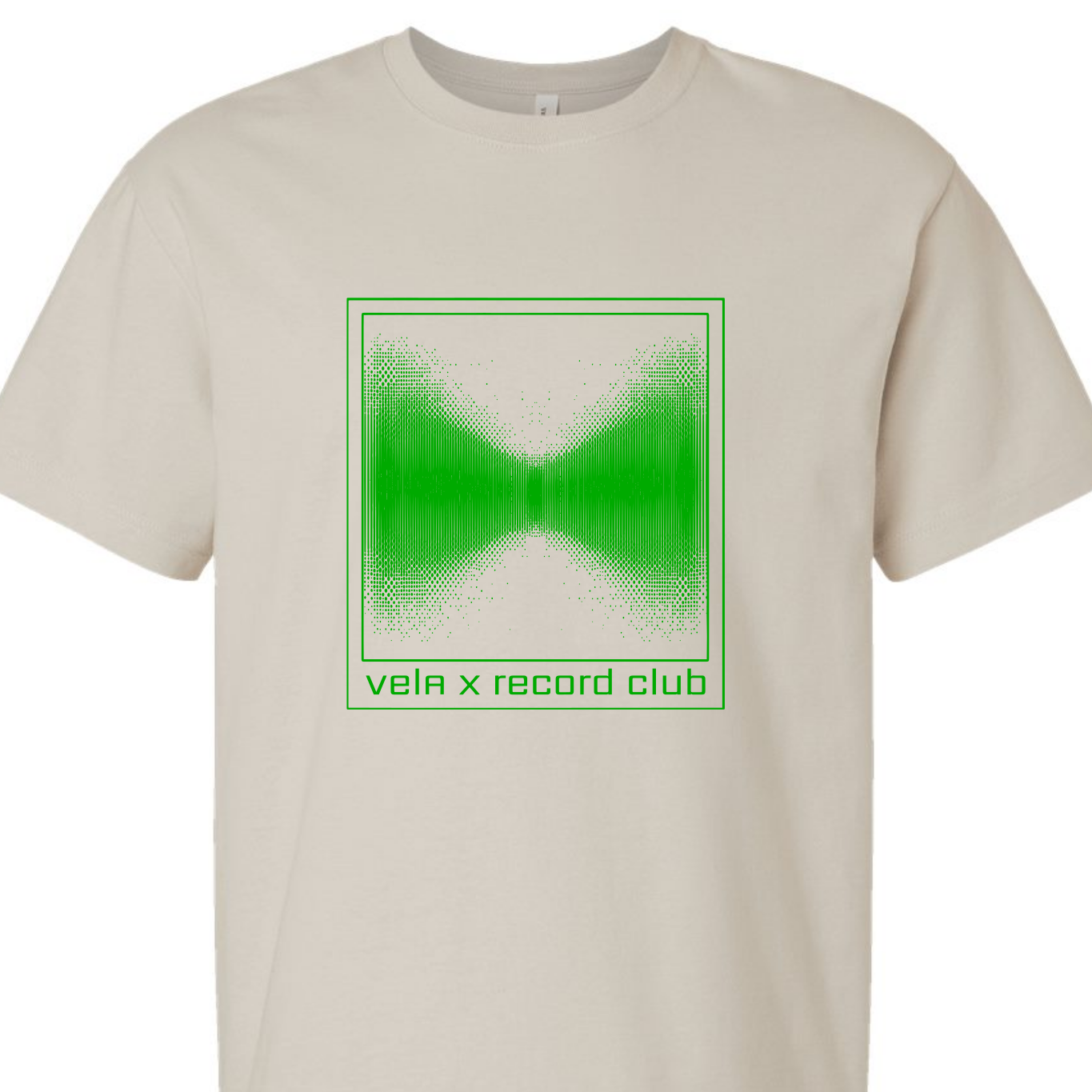 vela x record club - logo tee 1 - dust with solar green