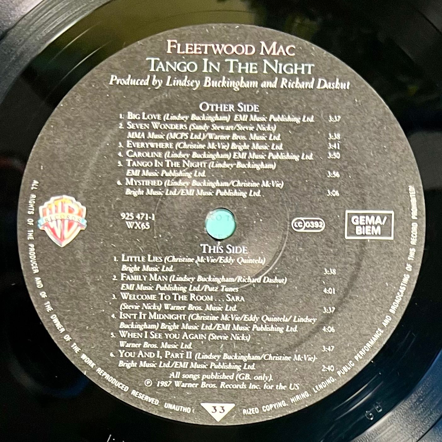 Fleetwood Mac - Tango In The Night [Vinyl, LP, Album, Repress, Lyntone Pressing - Warner Bros WX 65 - EU 1988 - EX/EX with OIS] | Warner Bros. Records (WX 65) - 4